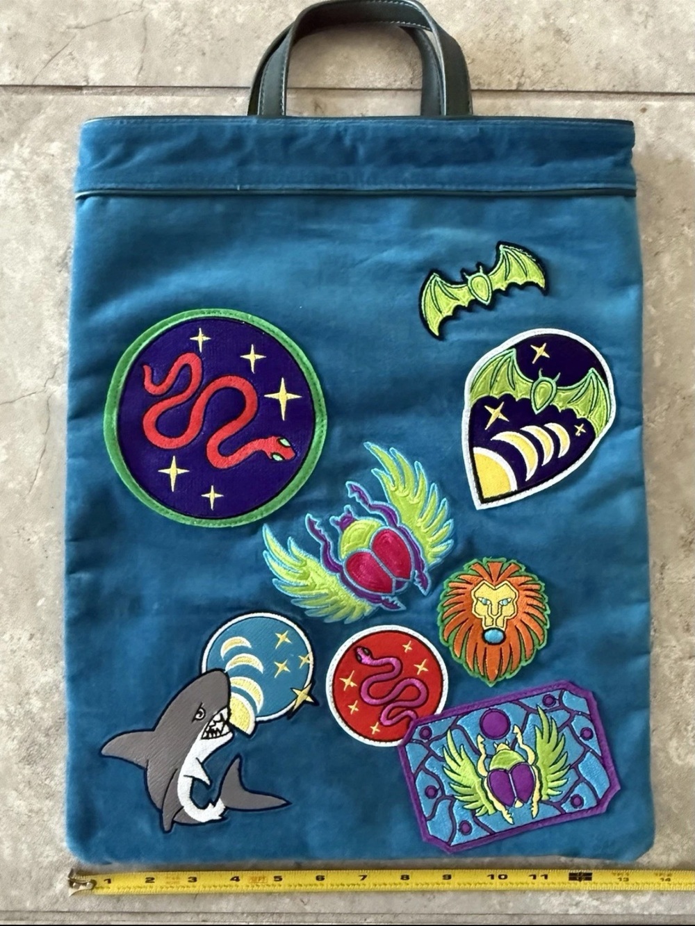 Unique cotton velvet and leather patch/ embroidered bag